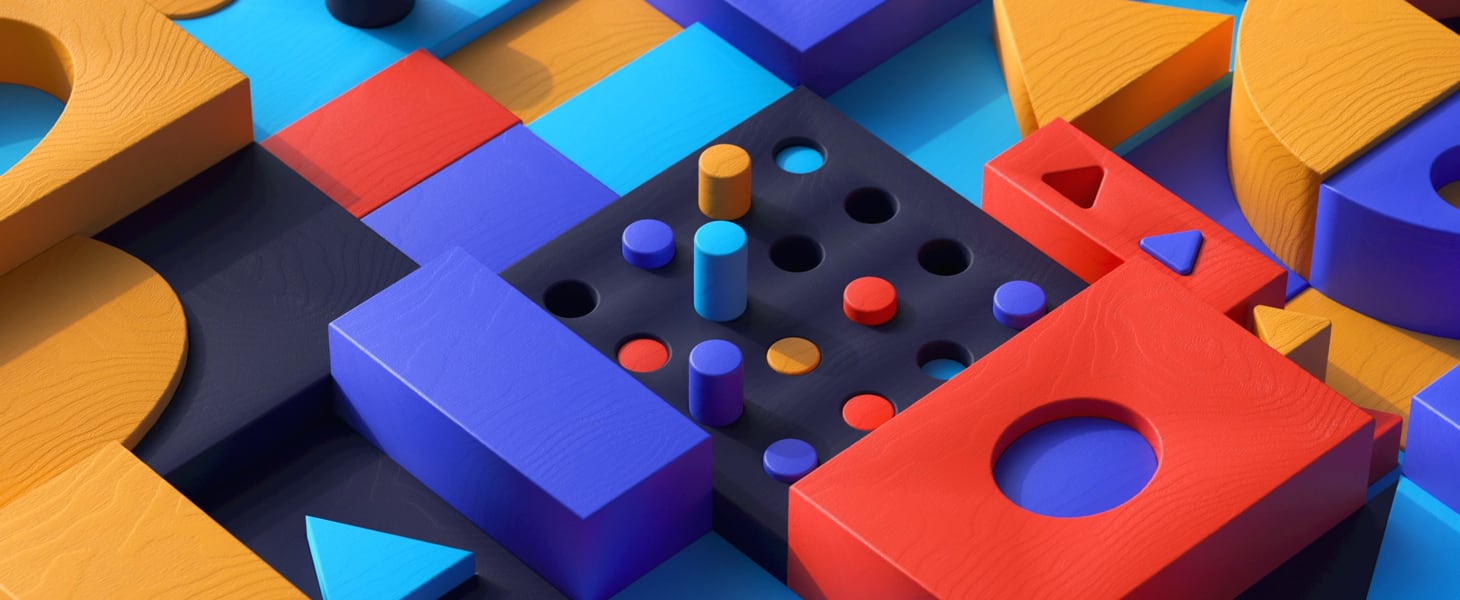 Colourful 3D geometric shapes in an isometric view.