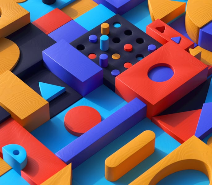 Colourful 3D geometric shapes in an isometric view.